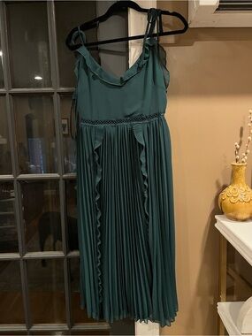 Lulu's Teal Pleated Ruffle Strap Midi Dress